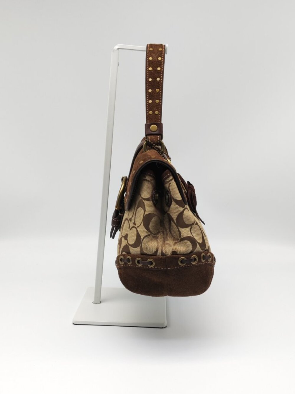 Coach Soho Signature Canvas Suede Buckle Flap Satchel Handbag Brown Studded Y2K - Picture 4 of 15